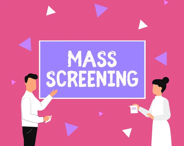 Text showing inspiration Mass Screening. Business approach health evaluation performed at a large amount of population Illustration Of Couple Presenting Ideas Holding Notes Sticking On Boards. — Stock Photo, Image