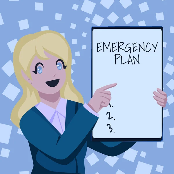 Conceptual display Emergency Plan. Conceptual photo Procedures for response to major emergencies Be prepared Business Woman Drawing Holding Blank White Board Presenting Announcements — Stock Photo, Image