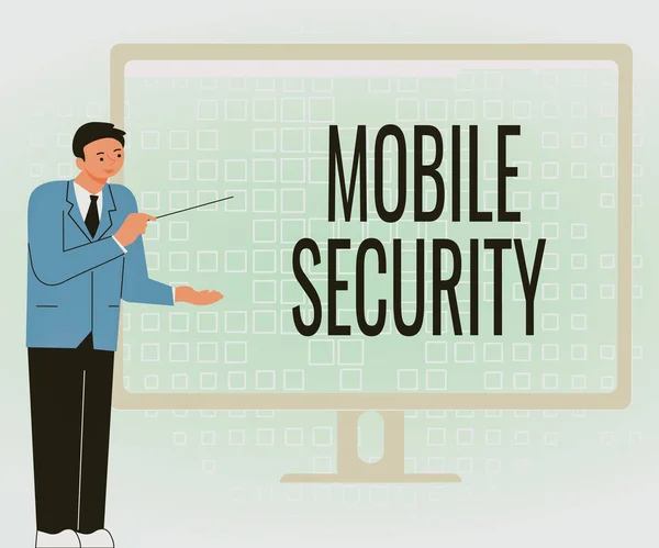 Conceptual caption Mobile Security. Internet Concept Protection of mobile phone from threats and vulnerabilities Businessman Standing Presenting Charts Wonderful Ideas On Computer Screen — Stock Photo, Image