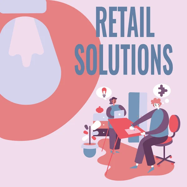 Текст показывает вдохновение Retail Solutions. Слово, написанное о процессе продвижения более широкой продажи и удовлетворенности клиентов Партнеры делятся новыми идеями для повышения квалификации Стратегии работы. — стоковое фото