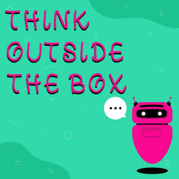 문자를 입력하는 것은 외부에서 생각하는 것이다. 비즈니스 접근 독특 한 다른 아이디어 brainstorming Illustration Of Cute floating Robot Telling Information In A Chat Cloud. — 스톡 사진