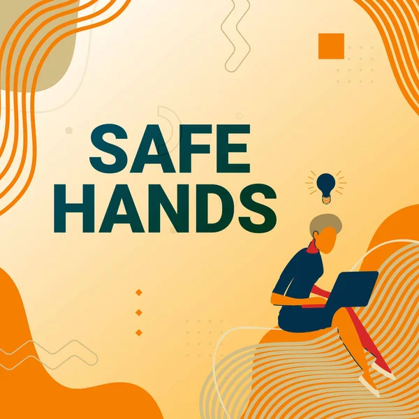 Inspiráció mutatja a "Biztonságos kezek" jelet. Koncepció jelentése Biztosítása a sterilitás és tisztaság a kezét a fertőtlenítés nő ül a laptop Aktívan befejezése munka az új gondolatok. — Stock Fotó