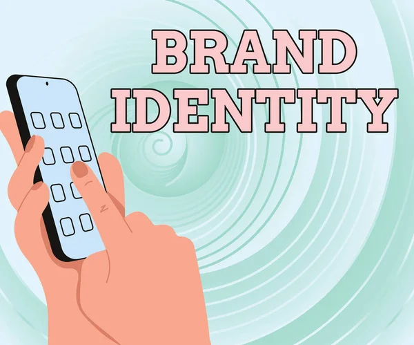 Segno di scrittura a mano Brand Identity. Parola per gli elementi visibili di un marchio che identificano e distinguono Hands Holding Technological Device Pressing Application Button. — Foto Stock