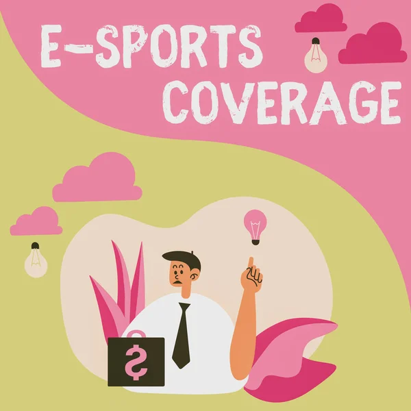 Handwriting text E Sports Coverage. Word for Reporting live on latest sports competition Broadcasting Man Sitting In Park Blowing Balloons Thinking Of New Thoughts With Idea Lamp. — Stock Photo, Image