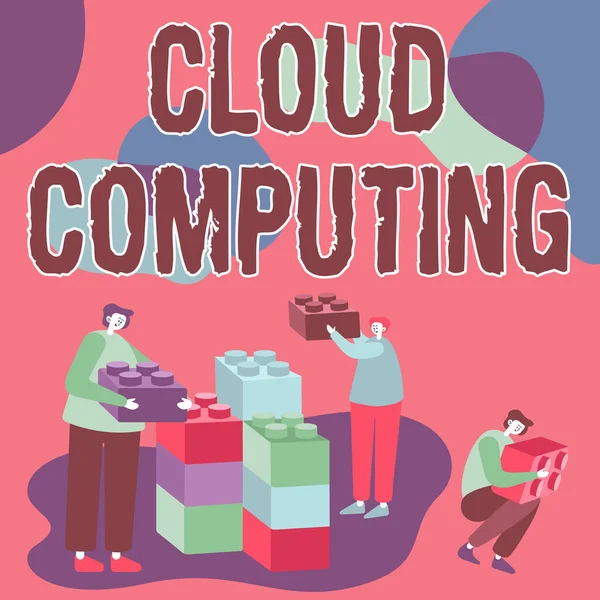 Koncepční titulek Cloud Computing. Obchodní vitrína používá síť vzdálených serverů umístěných na internetových kolegech zobrazujících týmovou práci reprezentující krychle Diskuse o budoucím projektu. — Stock fotografie