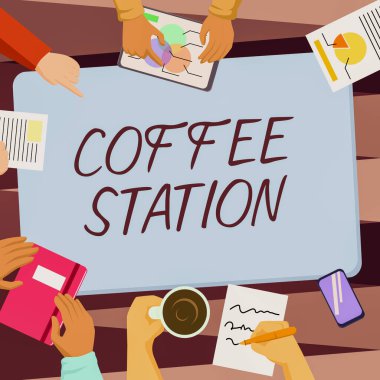 Kavramsal manşet Kahve İstasyonu. Sıcak içeceklerin sunulduğu küçük, gayri resmi bir restorana iş yaklaşımı. Meslektaşlar Ofisi Toplantısı. Kahve içip Gelecek Projeleri Çizelgeleri Tartışması..