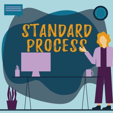 Kavramsal ekran Standart Süreç. Son ürün kalitesinde Kadın Ayakta Kalan Ofisi ile Bitki Vazosunun Yanında Konuşma Baloncuğu ile eşleşen kurallar üzerine yazılan sözcük.