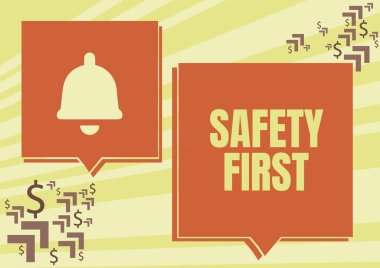 İlk önce el yazısı güvenliği. İş genel değerlendirmesi gereksiz risklerden kaçınmak ve böylece güvende kalmak için İki Renkli Üst üste Konuşma Baloncuğu Dolar İşaretli Çizim.