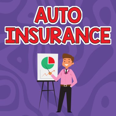 Oto Sigortayı gösteren metin işareti. Konsept, finansal kayıplara karşı korunma anlamına gelir. İş adamlarının gündelik kıyafet giymesi ve fikir sunması durumunda..