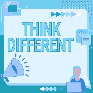 El yazısı işareti. Farklı düşün. Düşüncelerinizle ya da tavırlarınızla eşsiz olun Değişim Rüzgarı Kadın Çizim Yanı başında oturan Yeni Duyuru Yapan Kadın