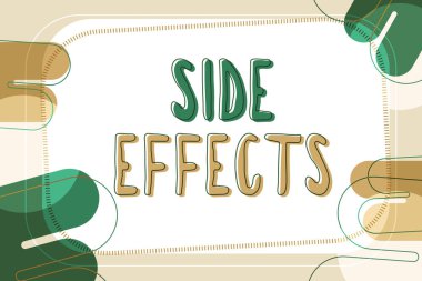 İlham, yan etkileri gösteriyor. Çeşitli Çiçek Kalpler ve Yapraklarla çevrili bir ilaç ve tedaviye istenmeyen olumsuz bir tepki..