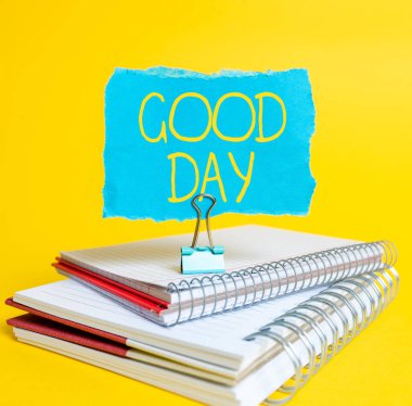 Mesaj işareti iyi günler diyor. İş yaklaşımı, harika havanın tadını çıkarıyor. Renkli Fikir Sunumu, Taze Düşünceler Gönderme Mesajı.