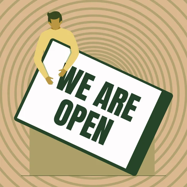 Tekst die inspiratie toont We Are Open. Business overview We Are Open Gentleman Drawing Holding A Enorme Blank Klembord. — Stockfoto