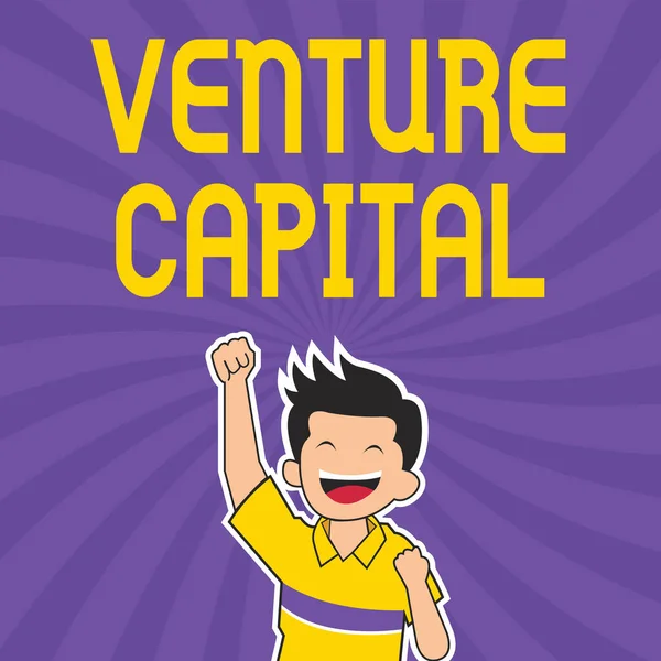 Conceptual caption Venture Capital. Přehled podnikání Venture Capital Veselý muž těší dosažení se spirálovým pozadím zvedající ruku. — Stock fotografie