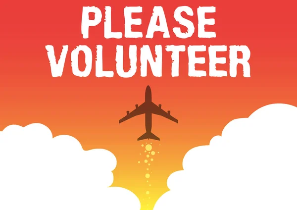 写显示文字请志愿者。寻找一个没有报酬就能工作的人，说明飞机快速直飞向天空. — 图库照片