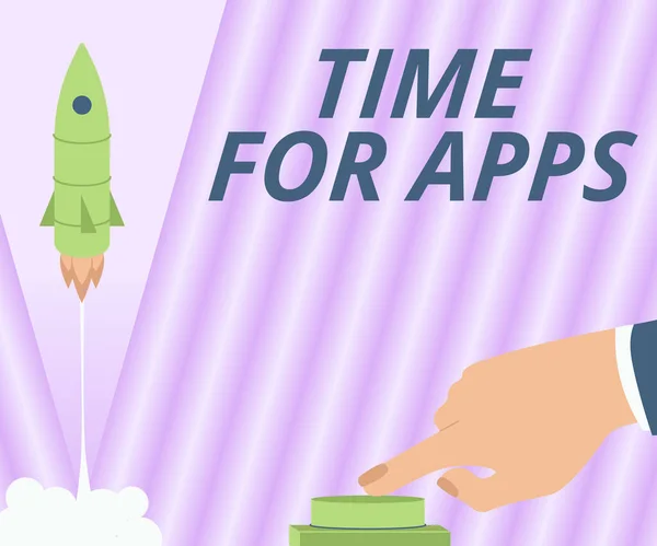 Text bildtext som presenterar Tid för appar. Business showcase Den bästa fullfjädrad tjänst som hjälper till att kommunicera snabbare Man Hand trycka på knappen för att lansera raket till rymden för nya horisonter. — Stockfoto