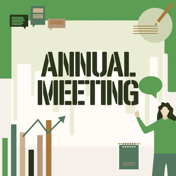 Sign displaying Annual Meeting. Internet Concept Yearly gathering of an organization interested shareholders Businesswoman Casual Standing Presenting Charts And New Wonderful Ideas.