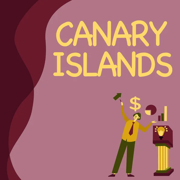 Κανάριοι Νήσοι. Word Γράφτηκε σε μια ομάδα των ορεινών νησιών στον Ατλαντικό Ωκεανό Manstanding Alone Παρουσιάζοντας διαγράμματα και νέες οικονομικές ιδέες με βάθρο. — Φωτογραφία Αρχείου