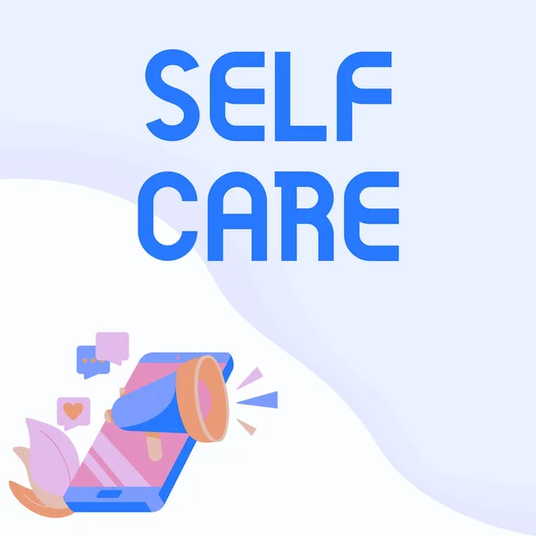 Text showing inspiration Self Care. Word Written on Protection you give to yourself Individual control checking Phone Drawing Sharing Comments And Reactions Through Megaphone. — Stock Photo, Image