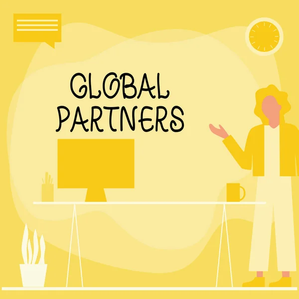 Handschrift Global Partners. Business showcase Twee of meer bedrijven uit verschillende landen werken als een team Vrouw staande kantoor met behulp van laptop met spraakbel Naast plantenvaas. — Stockfoto
