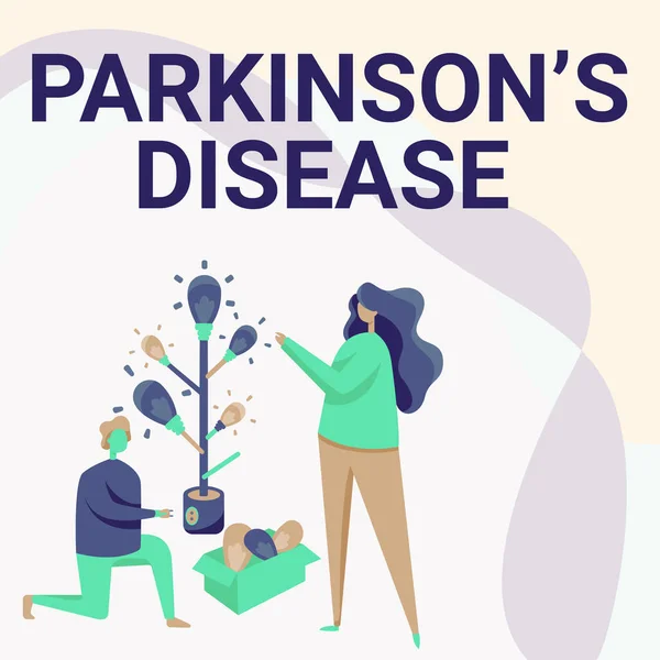 Inspiração mostrando sinal Parkinson s é doença. Abordagem de negócios distúrbio do sistema nervoso que afeta o movimento Homem e mulher Desenho Ajoelhamento em pé Montagem de Lâmpada Árvore. — Fotografia de Stock