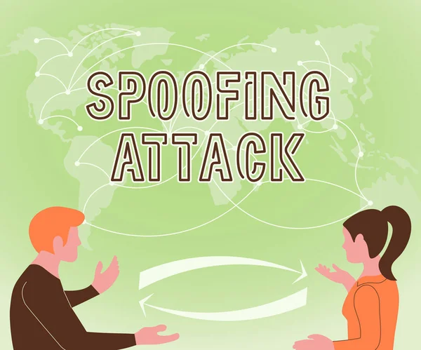 Conceptual display Spoofing Attack. Word Written on impersonation of a user, device or client on the Internet Two Teammates Discussing New Ideas World Map Brainstorming New Solutions. — Stock Photo, Image