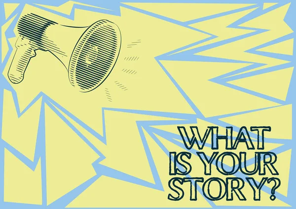 Текст почерка "Какова ваша история?" Концепция бизнеса Какова ваша история Вопрос Иллюстрация громких мегафонов Докладчик делает новые объявления. — стоковое фото