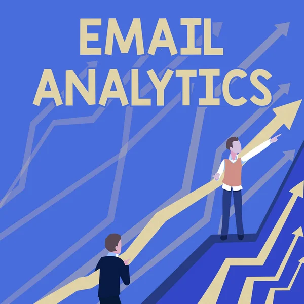 Conceptual caption Email Analytics. Word Written on way to break down open rate to give insight on recipient Arrows Guiding Two Collaborating Businessmen Towards Better Financial Plan. — Stok Foto