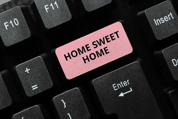 Szöveges felirat a Home Sweet Home-ról. Word for Welcome back kellemes meleg, megkönnyebbülés, és boldog üdvözlet Szerkesztő és visszafejtő jelentés helyesírási hibák, gépelés Online Shop leltár — Stock Fotó