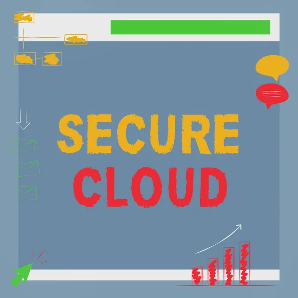 Tekst pisma Secure Cloud. Prezentacja biznesowa Ochrona przechowywanych informacji Bezpieczna technologia kontrolowana Ilustracja otrzymywania wiadomości i ulepszeń w zakresie wyszukiwania. — Zdjęcie stockowe