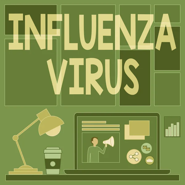 Az influenzavírust bemutató szöveges felirat. Üzleti koncepció egy influenzavírus által okozott fertőző betegség Laptop egy asztalon a kávéfőző és asztali lámpa mellett Munkafolyamat megjelenítése. — Stock Fotó