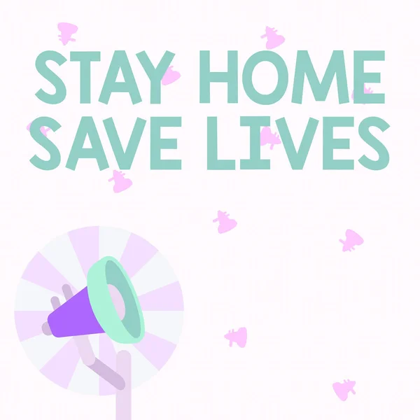 Τίτλος κειμένου που παρουσιάζει Stay Home Save Lives. Internet Concept μειώνει τον αριθμό των ασθενών που έχουν μολυνθεί με το να μην αφήνει το σπίτι Εικονογράφηση του Πόλου Megaphone με ήλιο αυξήσεις Κάνοντας ανακοινώσεις. — Φωτογραφία Αρχείου
