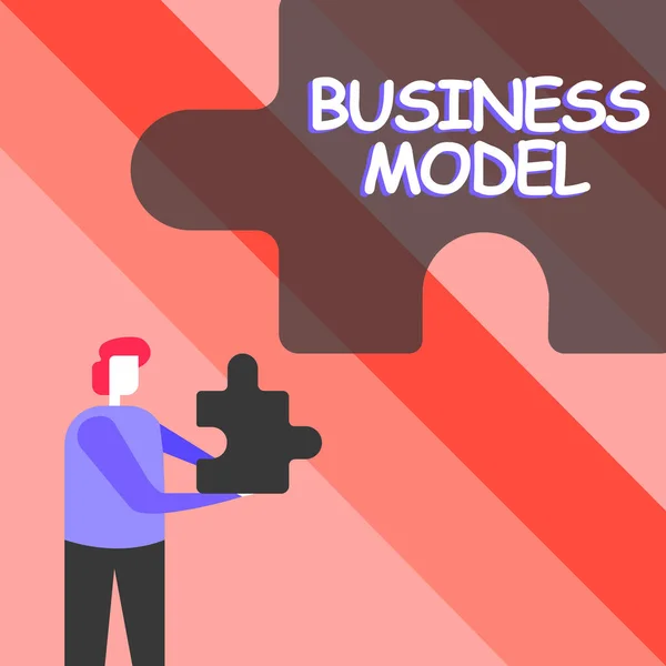 Text zeigt Inspiration Geschäftsmodell. Word for Identifying revenue sources plan on how to make profit Business Man Holding Jigsaw Puzzleteil Erschließung neuer futuristischer Technologien — Stockfoto