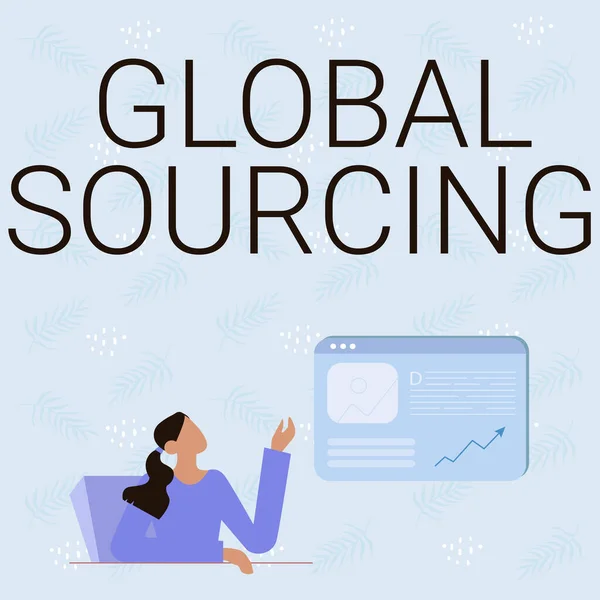 Handschrift tekst Global Sourcing. Business showcase praktijk van sourcing uit de wereldwijde markt voor goederen Line Drawing For Lady Sitting Presenteren van nieuwe ideeën met Web Browser Screen — Stockfoto