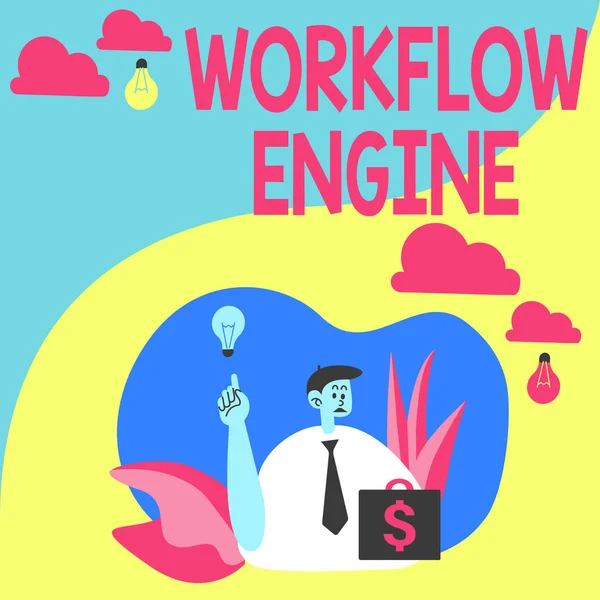Tekst weergeven Workflow Engine. Woord voor Workflow Engine Man zit in het park blazen ballonnen denken aan nieuwe gedachten met idee lamp. — Stockfoto