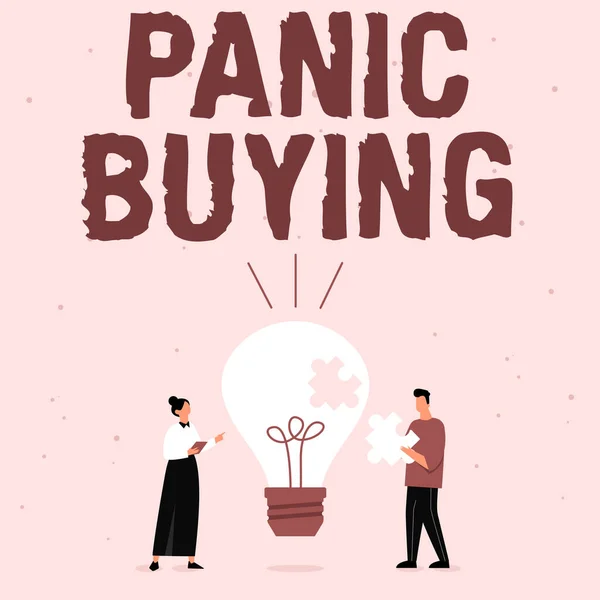 Texto mostrando inspiração Panic Buying. Palavra para comprar grandes quantidades devido ao medo repentino de vir a escassez Ilustração de parceiros Bulding novas ideias maravilhosas para a melhoria da habilidade. — Fotografia de Stock