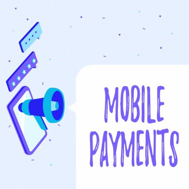 Mobil Ödemeler kavramsal ekran. Bir ürün için elektronik cihazla ödenen iş fikri parası Bir çift Megafon Çizimi Yıldırımlar Yapan Duyurular.