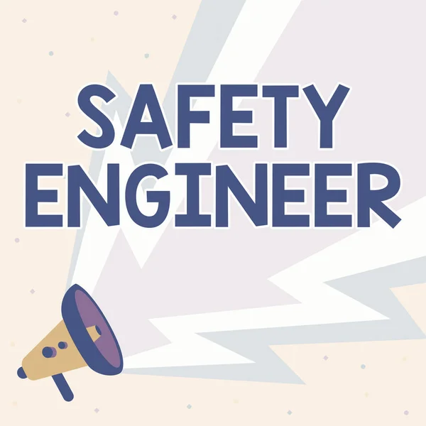 标志显示安全工程师。写在工厂里检查所有可能的危险点的人身上的文字- -用太阳光宣布手持扩音器的说明. — 图库照片