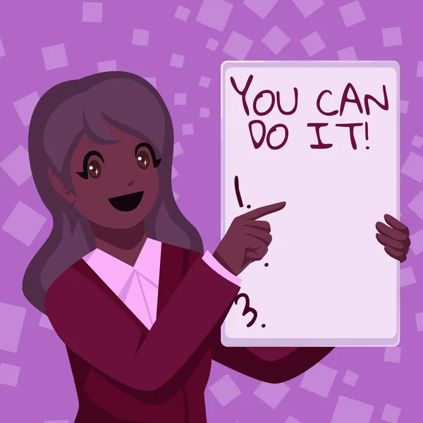 Tekstskilt som viser "You Can Do It". Ordet for You Can Do It Business Woman Trekking Holding Blank White Board Presenterer meldinger – stockfoto