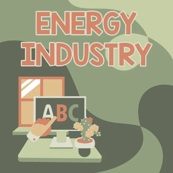 Text caption presenting Energy Industry. Conceptual photo industries involved in the production and sale of energy Hand Showing Letters Pointing Web Browser Screen With Cactus On Side. — Stock Photo, Image