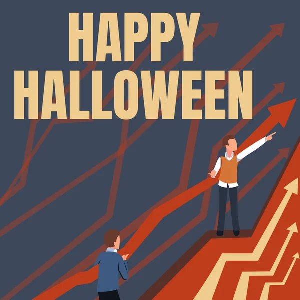 Scrierea textului Happy Halloween. Afacerile se apropie seara înainte de zilele sfinte creștine ale Săgeților Zilei Toate Hallows ghidând doi oameni de afaceri colaboratori către un plan financiar mai bun. — Fotografie, imagine de stoc