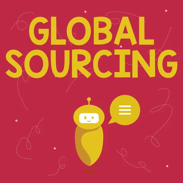 Conceptueel bijschrift Global Sourcing. Business concept praktijk van het betrekken van de wereldwijde markt voor goederen Leuke drijvende robot vertelt ons nieuwe prachtige informatie in een Chat Cloud. — Stockfoto