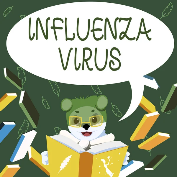 Señal de escritura a mano Virus de la Influenza. Negocios muestran una enfermedad infecciosa causada por un virus de la gripe Fox con gafas sentadas en la biblioteca leyendo un libro que estudia. —  Fotos de Stock