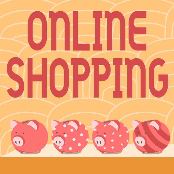 Señal que muestra compras en línea. Word Written on permite a los consumidores comprar sus productos a través de Internet Múltiple alcancía dibujo en la mesa con fondo rayado. — Foto de Stock