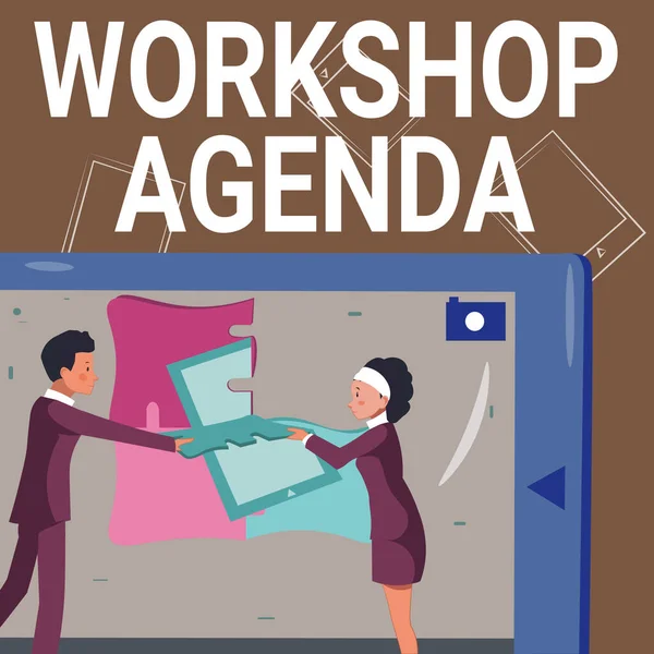 Handskriftsskylt Workshop Agenda. Word for Workshop Agenda Colleagues Bygga nya projektplaner Presentera senaste idéer. — Stockfoto