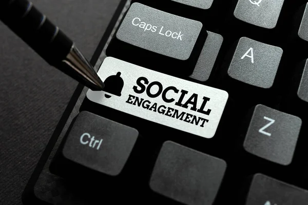 Writing displaying text Social Engagement. Concept meaning Degree of engagement in an online community or society Publishing Typewritten Documents Online, Typing Long Term Contract — Stock Photo, Image