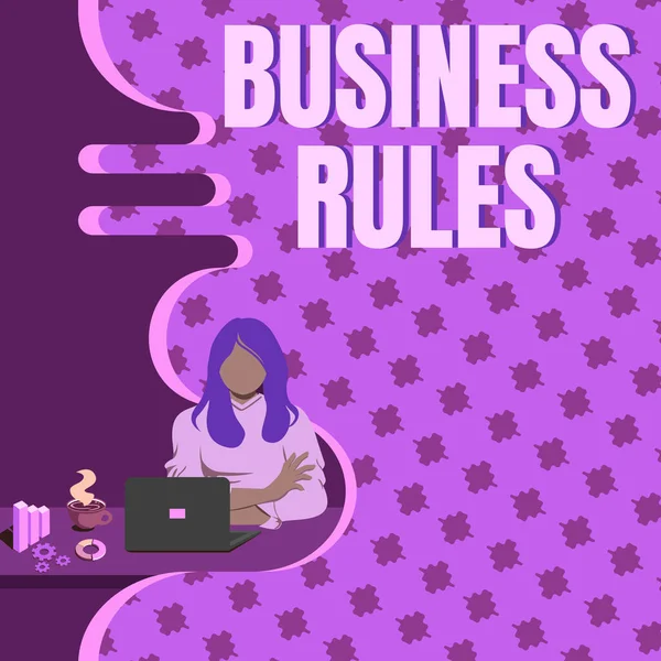 Szöveg megjelenítése Üzleti szabályok. Üzleti ötlet egy konkrét irányelv, amely korlátozza vagy definiálja a vállalkozás nő ül Laptop használata Online szekció Megvitatása Legújabb projektek. — Stock Fotó