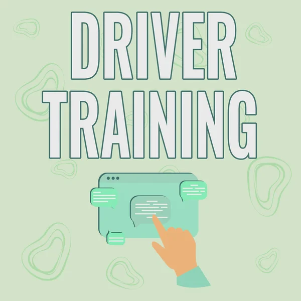 Text sign showing Driver Training. Business overview prepares a new driver to obtain a driver s is license Hand Showing Graph Growth Pointing Web Browser Screen.