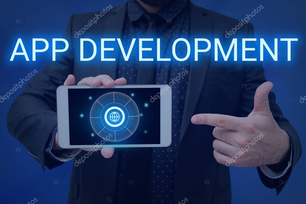 Text showing inspiration App Development. Word Written on Development services for awesome mobile and web experiences Man holding Screen Of Mobile Phone Showing The Futuristic Technology.