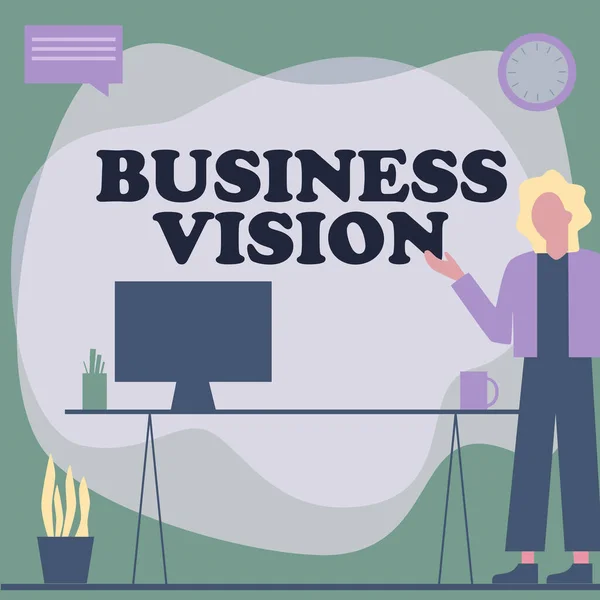 Text sign showing Business Vision. Business showcase grow your business in the future based on your goals Woman Standing Office Using Laptop With Speech Bubble Beside Plant Vase. — Stock Photo, Image